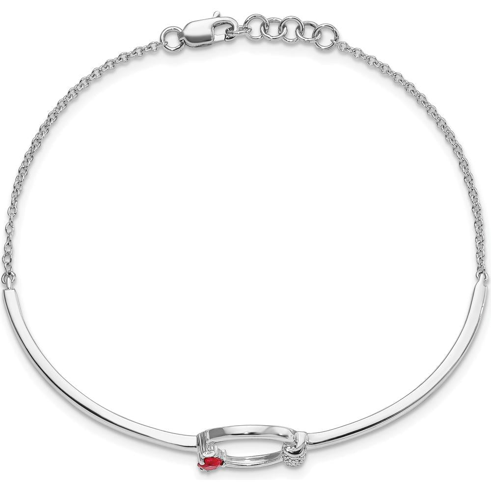 14K White Gold Polished Diamond and Ruby Circle Half-Bangle 7" Bracelet with 0.5" Extender - 1/10 Carat Total Diamond Weight by Monteluci Fine Jewelry