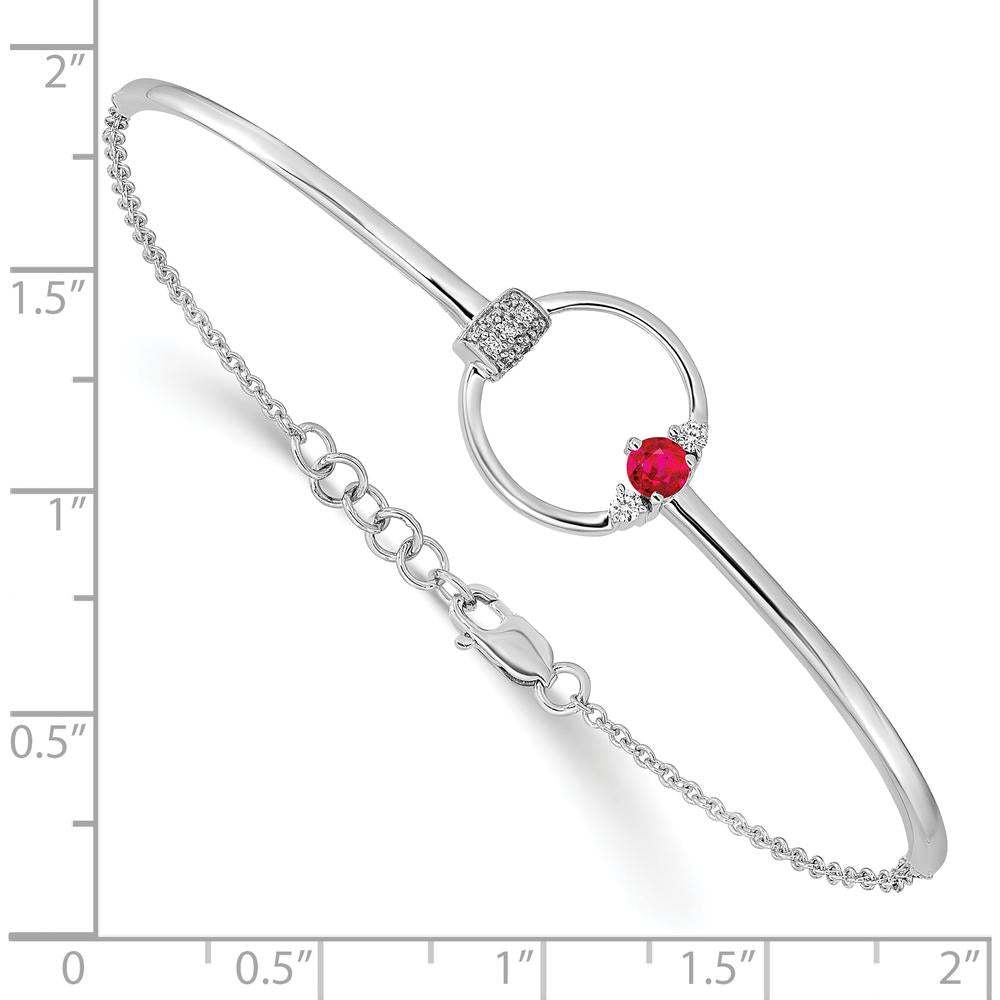 14K White Gold Polished Diamond and Ruby Circle Half-Bangle 7" Bracelet with 0.5" Extender - 1/10 Carat Total Diamond Weight by Monteluci Fine Jewelry