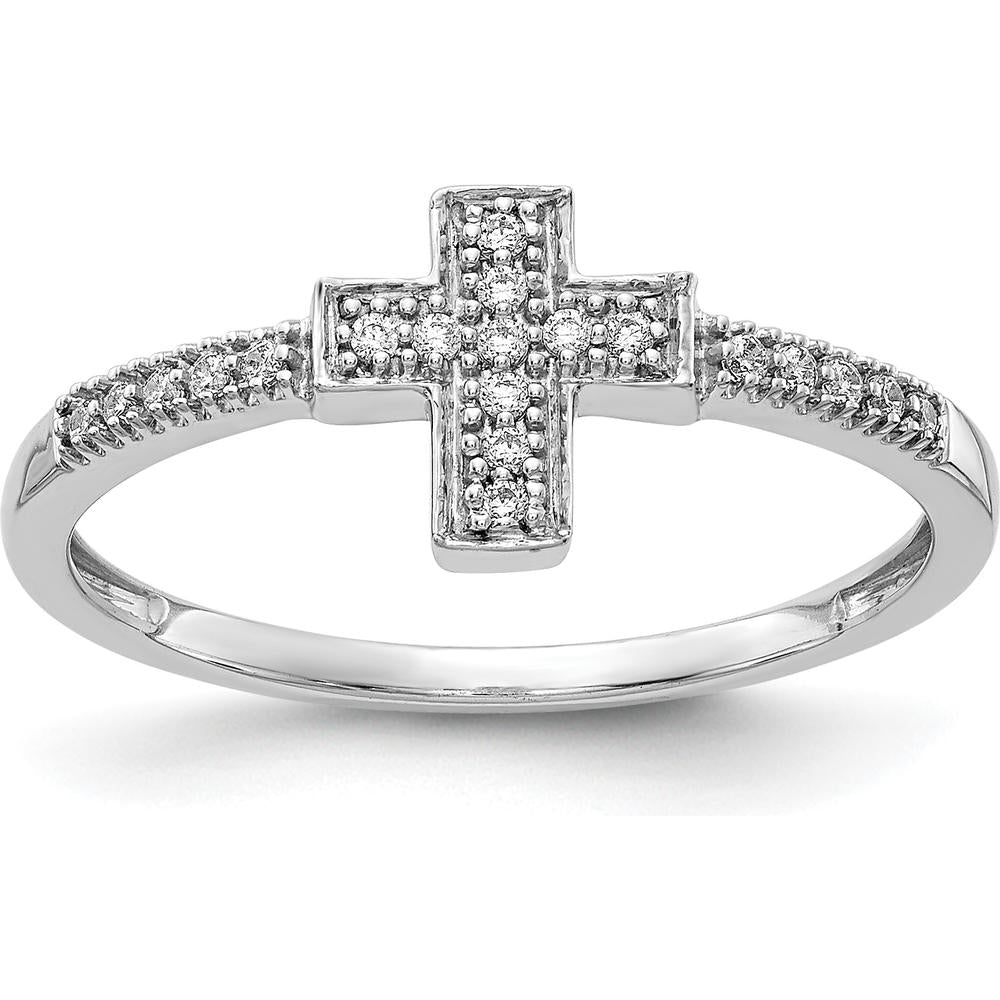 14K White Gold Polished Diamond Cross Ring with Round Diamonds - 0.05 Carat Total Diamond Weight by 0
