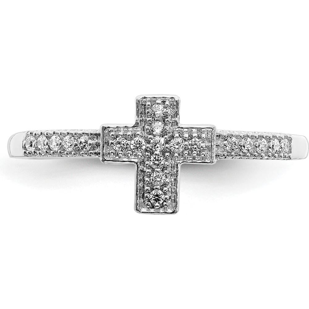 14K White Gold Polished Diamond Cross Ring with Round Diamonds - 0.05 Carat Total Diamond Weight by 0