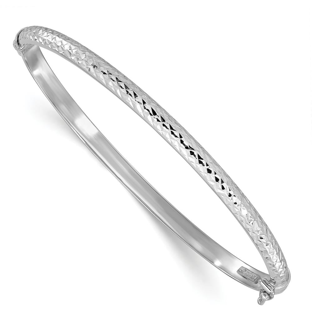 14K White Gold Polished Diamond-Cut 4.00mm Hinged Oval Bangle Bracelet by Oro Pregiato