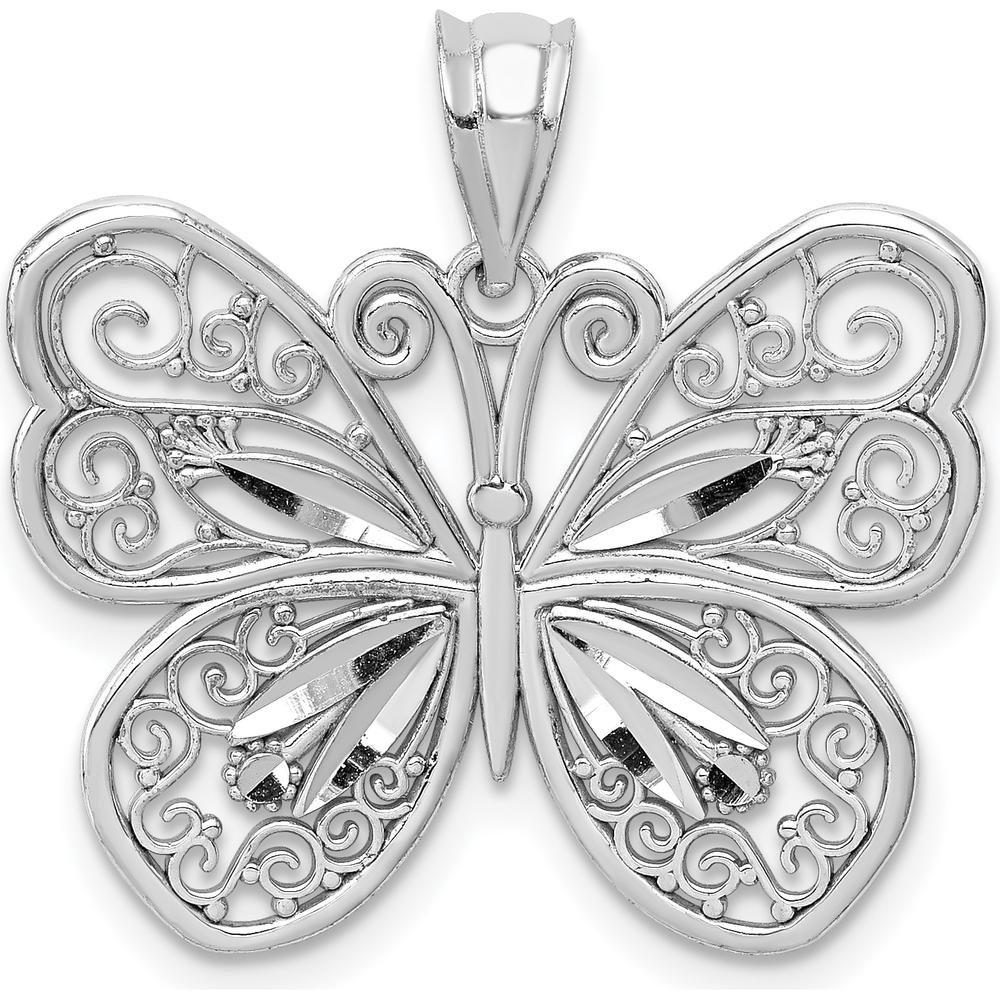 14K White Gold Polished Diamond-Cut Butterfly Pendant - Rhodium Plated by Oro Pregiato