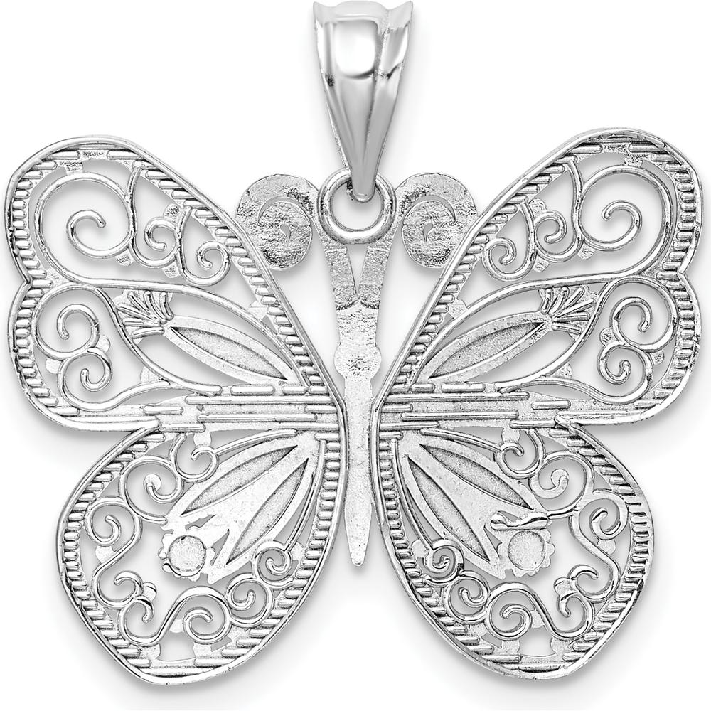14K White Gold Polished Diamond-Cut Butterfly Pendant - Rhodium Plated by Oro Pregiato