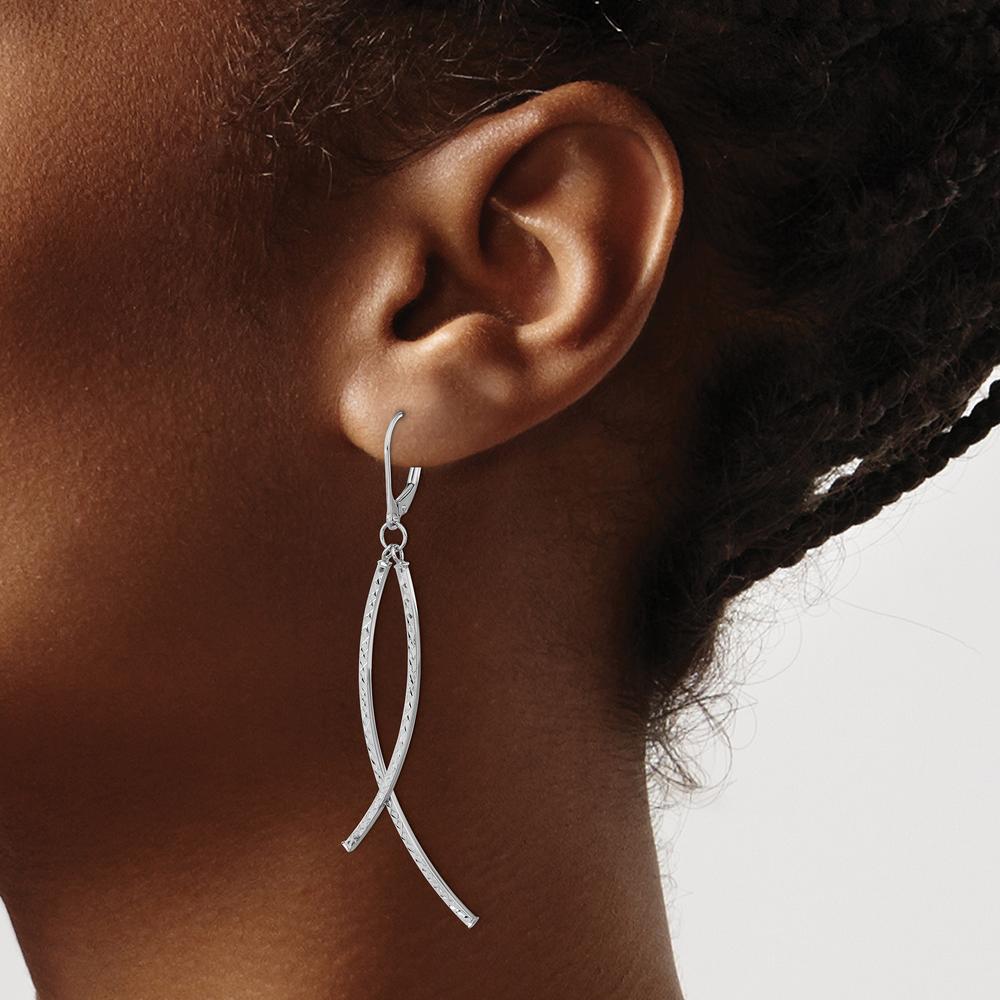 14K White Gold Polished Diamond Cut Fancy Dangle Leverback Earrings - 69.3mm Length by 0
