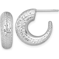 14K White Gold Polished Diamond-Cut Hollow C-Hoop Earrings with Rhodium Plating - 17.8mm Length by 0