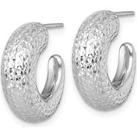 14K White Gold Polished Diamond-Cut Hollow C-Hoop Earrings with Rhodium Plating - 17.8mm Length by 0