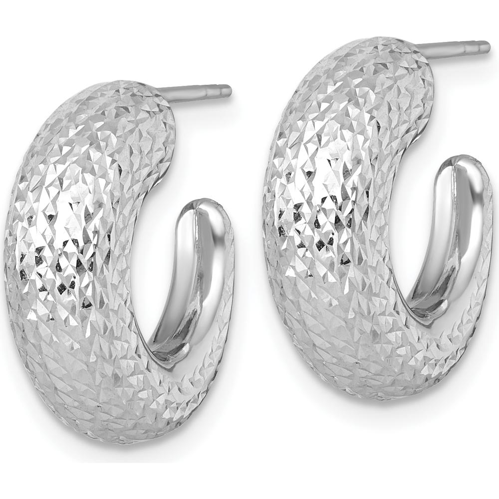 14K White Gold Polished Diamond-Cut Hollow C-Hoop Earrings with Rhodium Plating - 17.8mm Length by 0