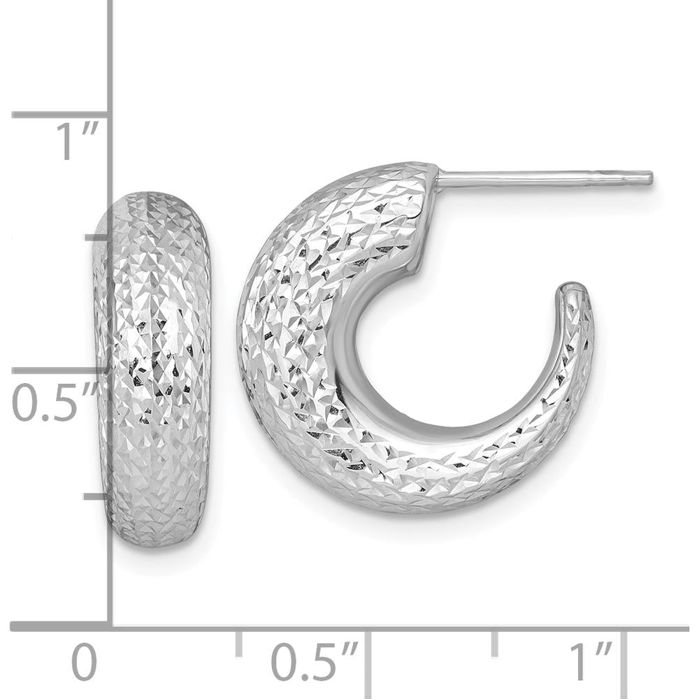 14K White Gold Polished Diamond-Cut Hollow C-Hoop Earrings with Rhodium Plating - 17.8mm Length by 0