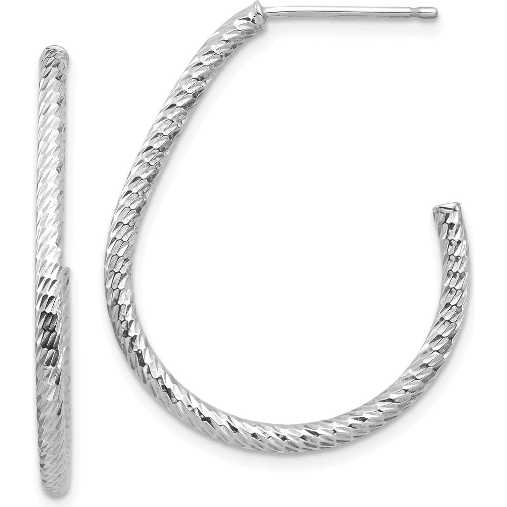 14K White Gold Polished Diamond-cut J-Hoop Earrings - 30.6mm Length by 0
