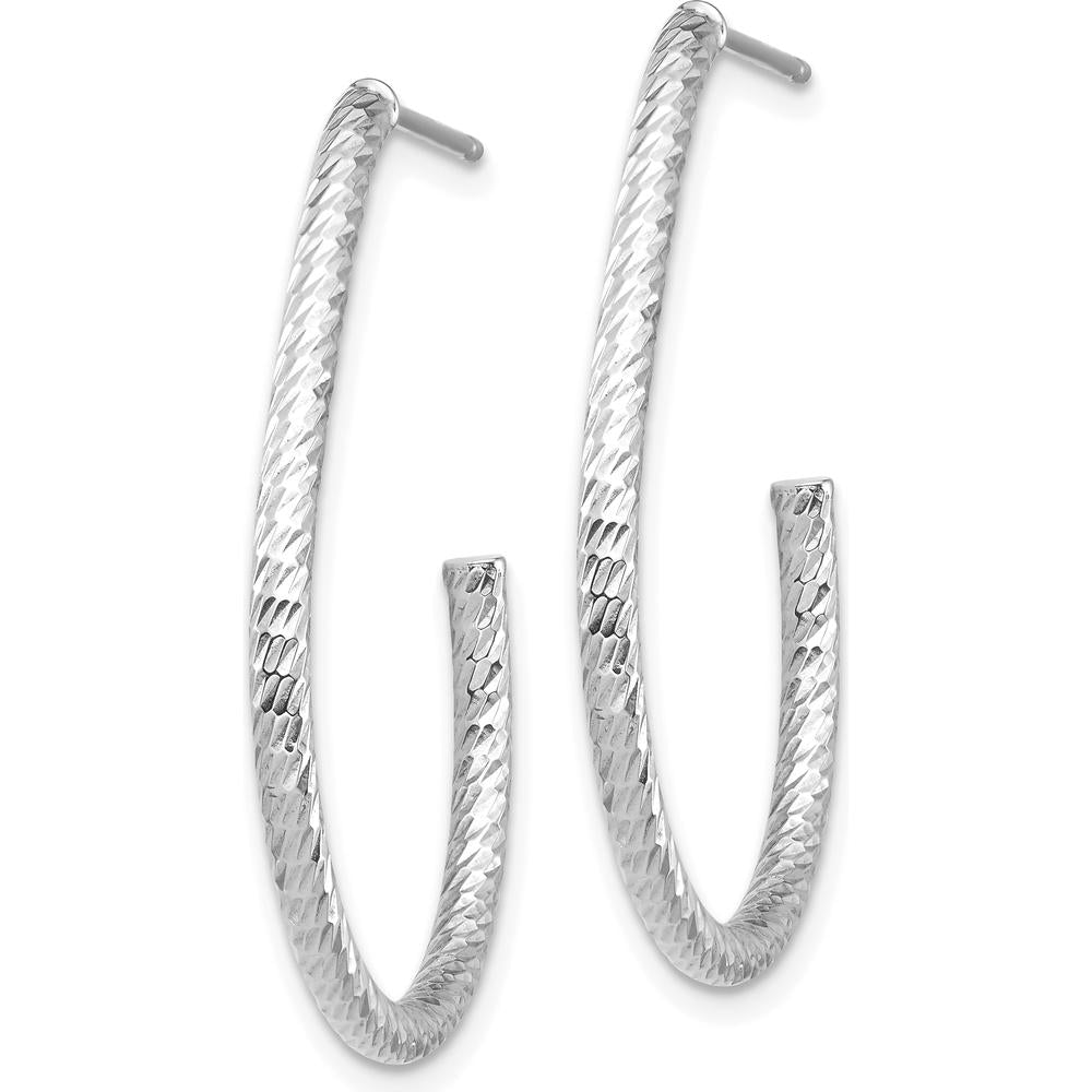 14K White Gold Polished Diamond-cut J-Hoop Earrings - 30.6mm Length by 0