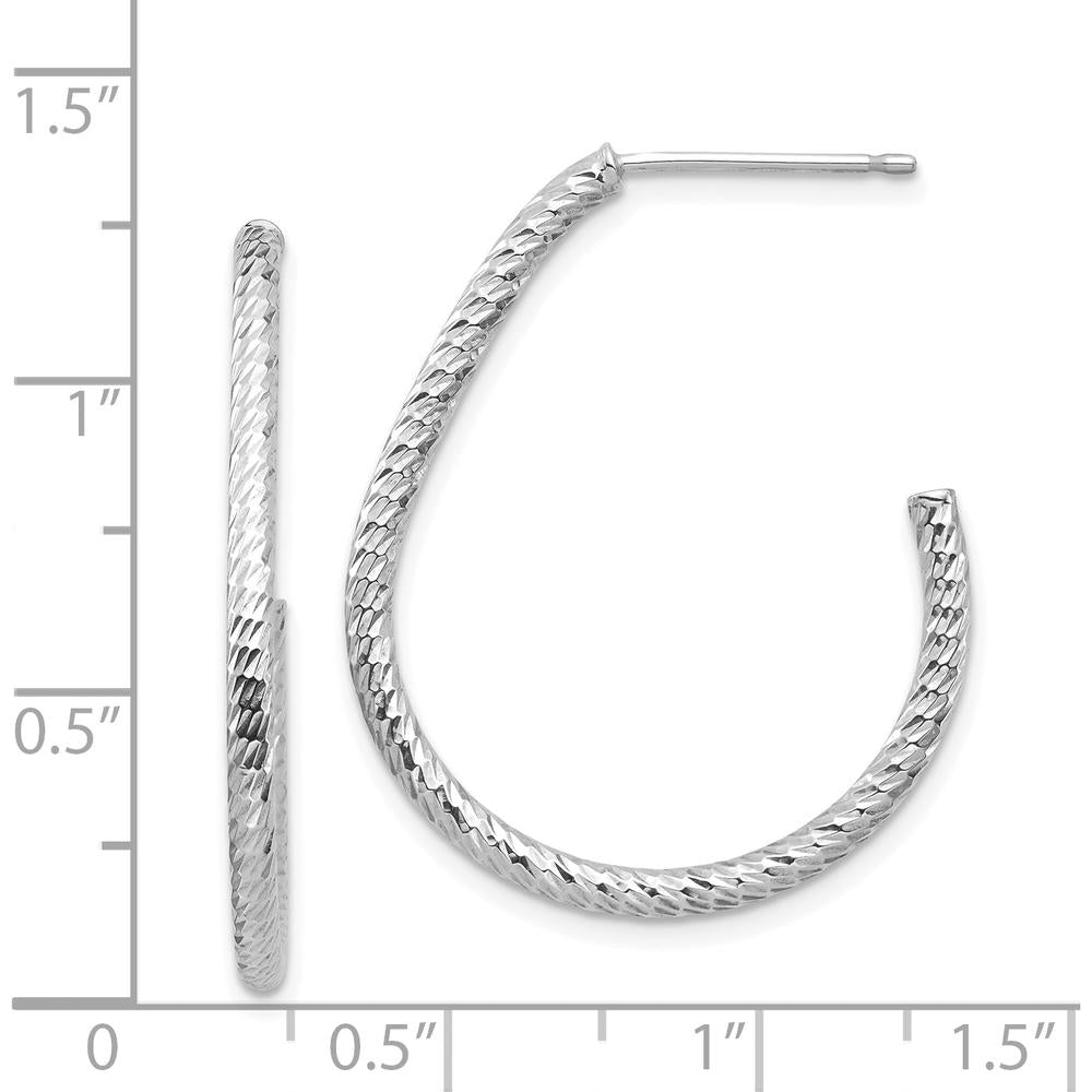 14K White Gold Polished Diamond-cut J-Hoop Earrings - 30.6mm Length by 0