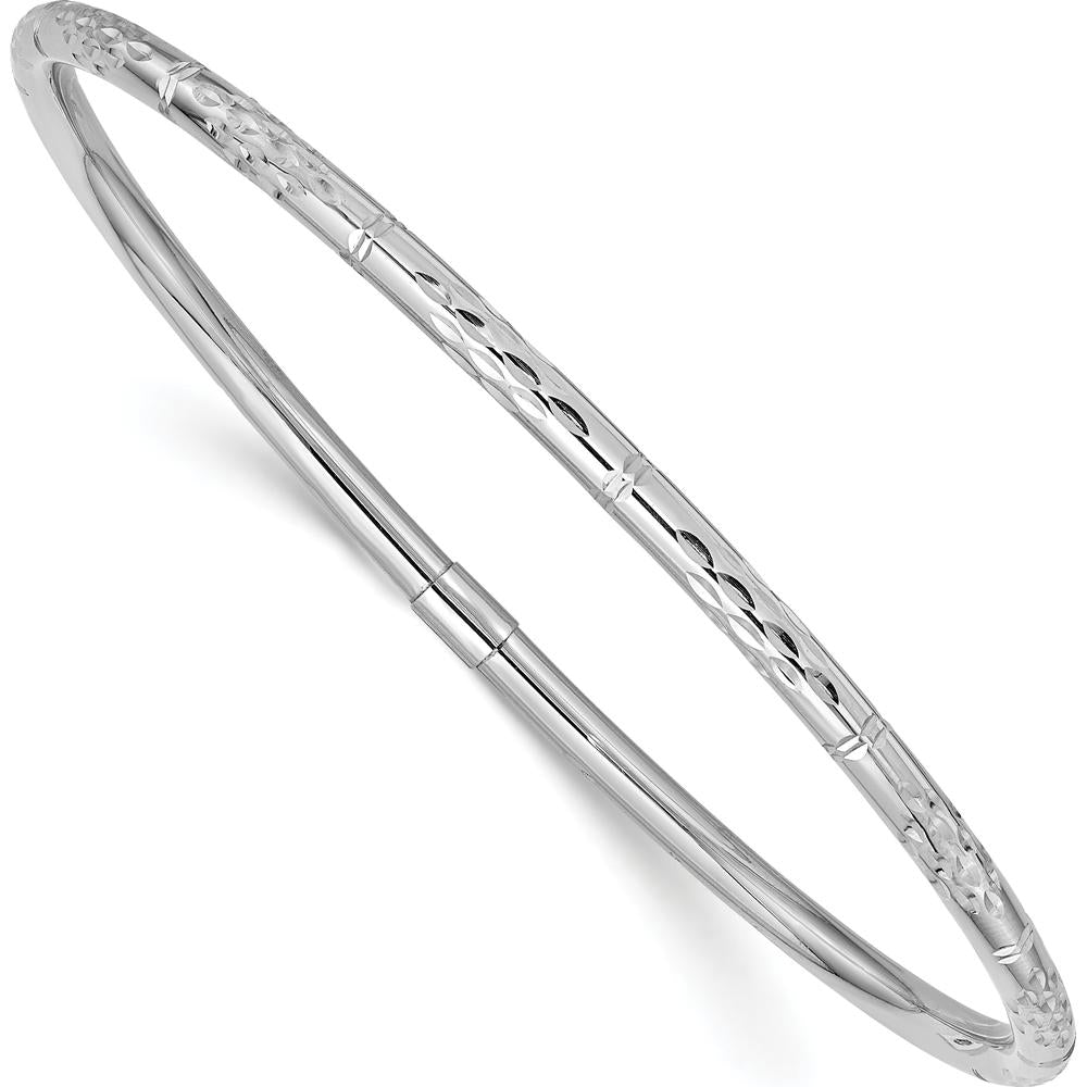 14K White Gold Polished Diamond-Cut Slip-On Round Bangle Bracelet - 3.00mm Width by Oro Pregiato