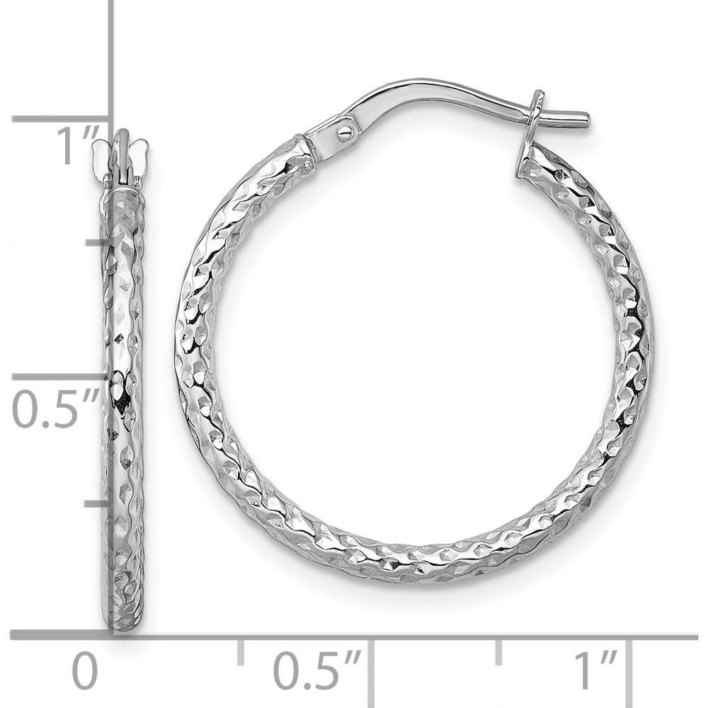 14K White Gold Polished Diamond-cut Textured 23mm Tube Hoop Earrings by 0