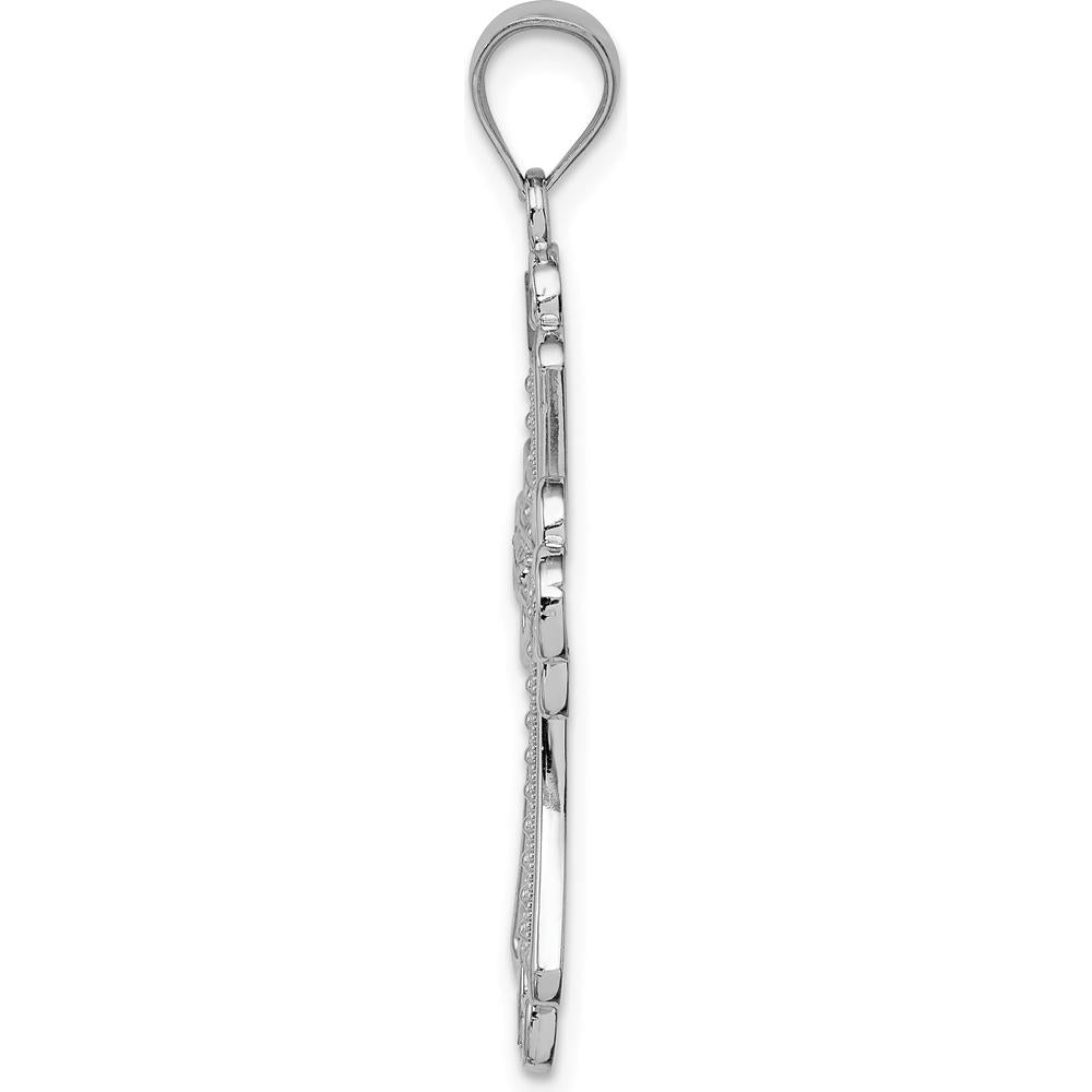 14K White Gold Polished Diamond-cut Textured Cross Pendant with Rhodium Plating by Oro Pregiato