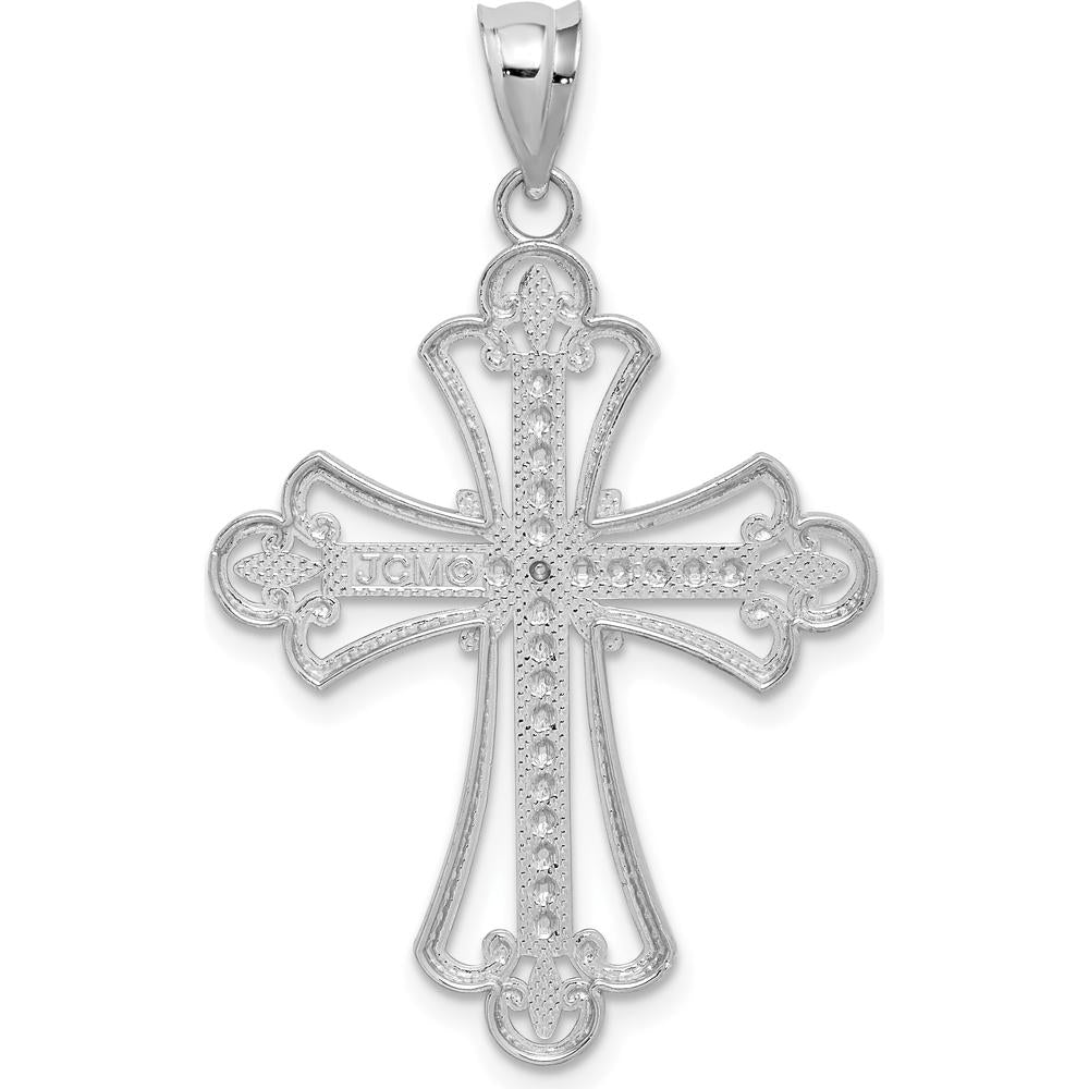 14K White Gold Polished Diamond-cut Textured Cross Pendant with Rhodium Plating by Oro Pregiato