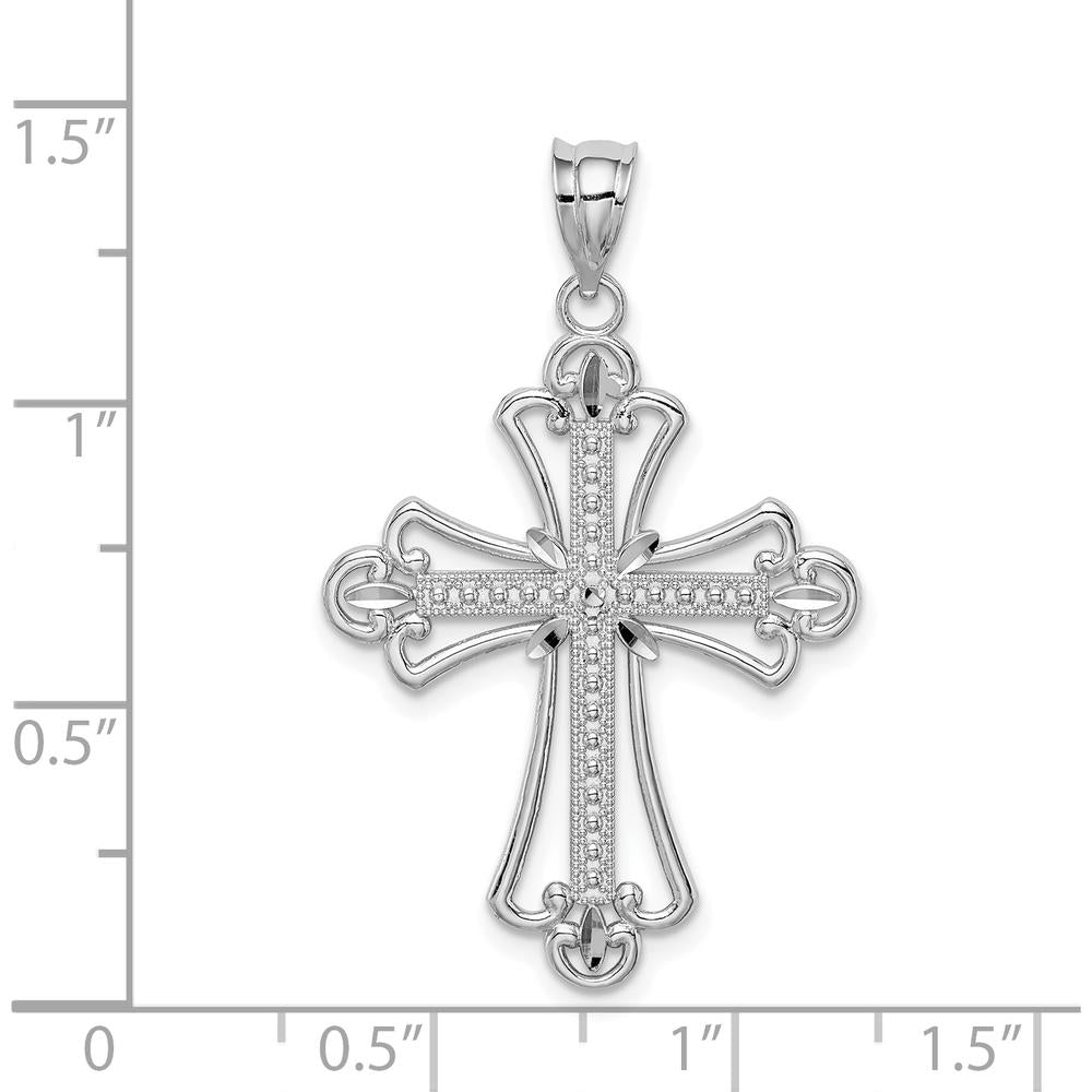 14K White Gold Polished Diamond-cut Textured Cross Pendant with Rhodium Plating by Oro Pregiato