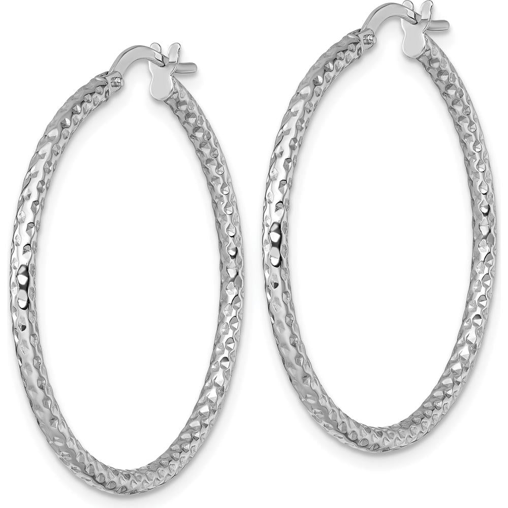 14K White Gold Polished Diamond-Cut Textured Large Hoop Earrings - 32mm by 0