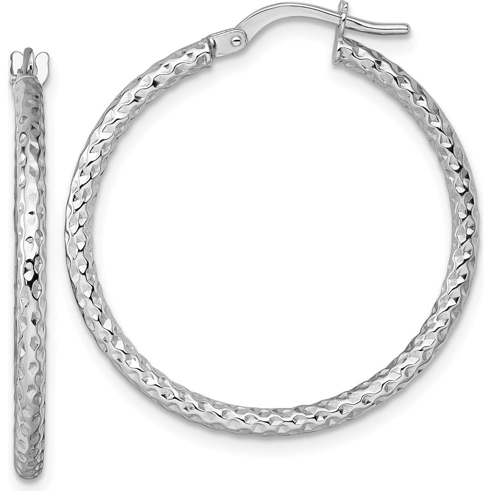 14K White Gold Polished Diamond-Cut Textured Tube Hoop Earrings - 30mm Length by 0
