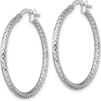 14K White Gold Polished Diamond-Cut Textured Tube Hoop Earrings - 30mm Length by 0