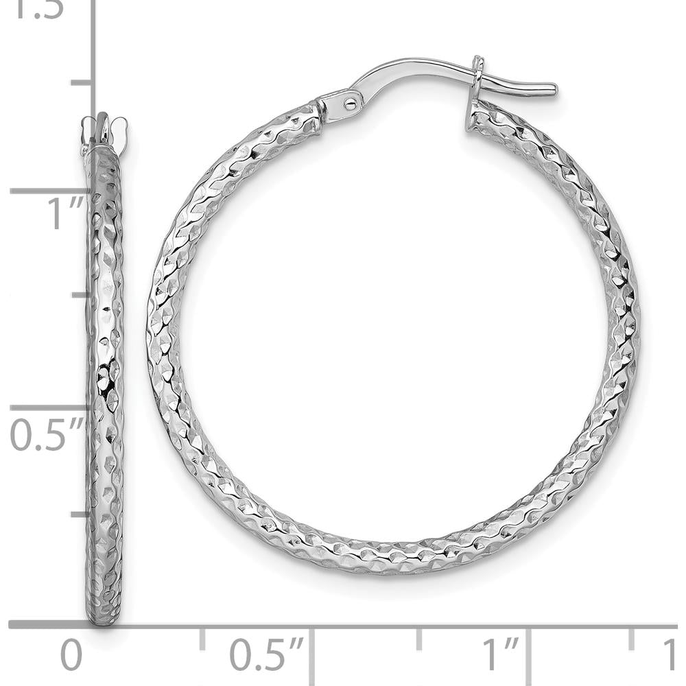 14K White Gold Polished Diamond-Cut Textured Tube Hoop Earrings - 30mm Length by 0