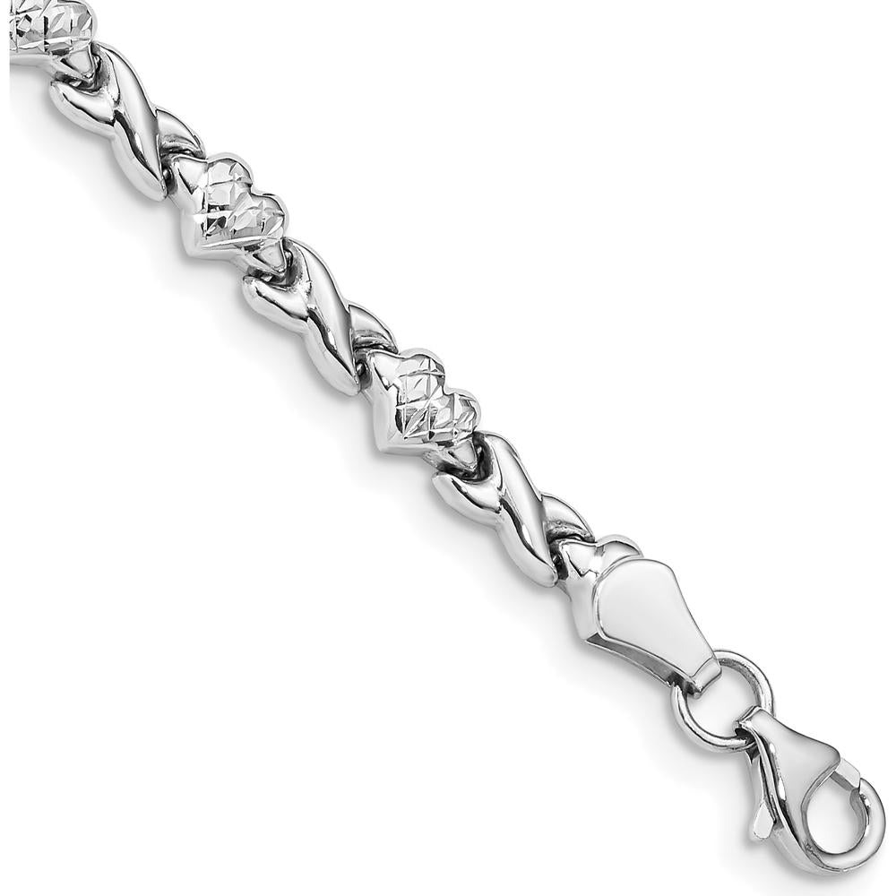 14K White Gold Polished Diamond-Cut X-and-Heart Bracelet - 7" Length by Oro Pregiato