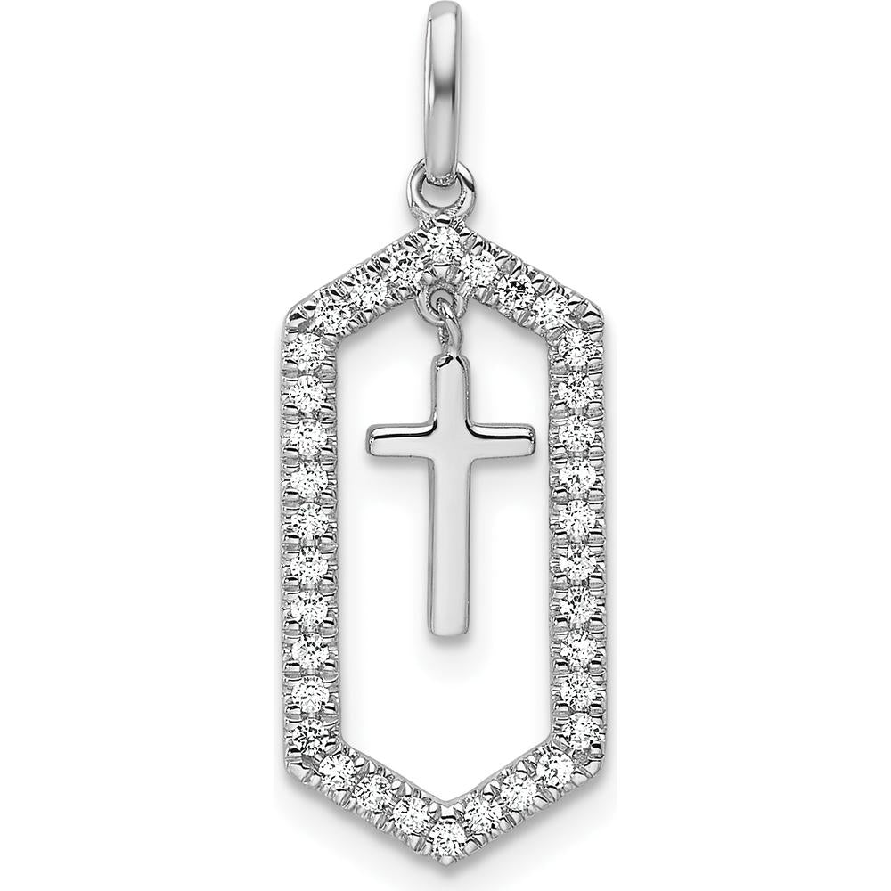 14K White Gold Polished Diamond Framed Dangle Cross Pendant with 1/5 Carat of Round Diamonds by Oro Pregiato