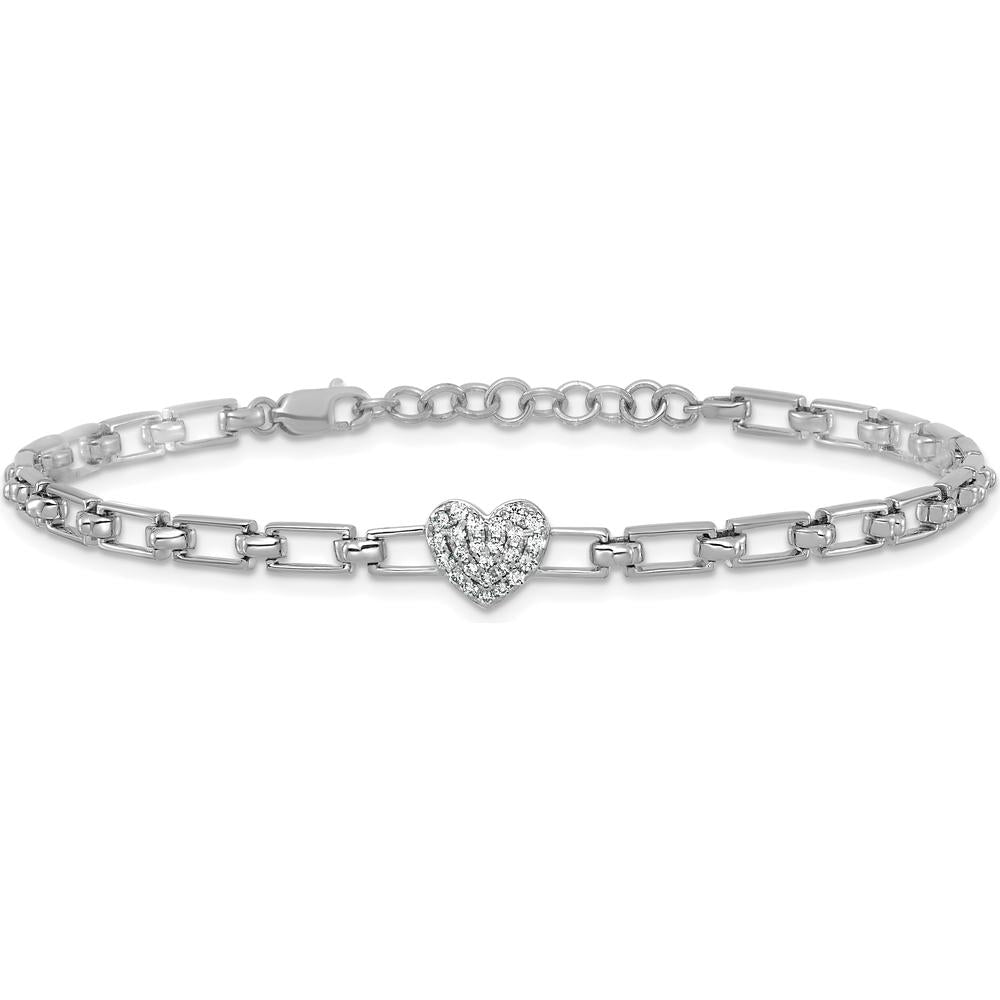 14K White Gold Polished Diamond Heart Cluster Fancy Link Bracelet with 0.15 Carats Diamond - 7" with Extender by Oro Pregiato