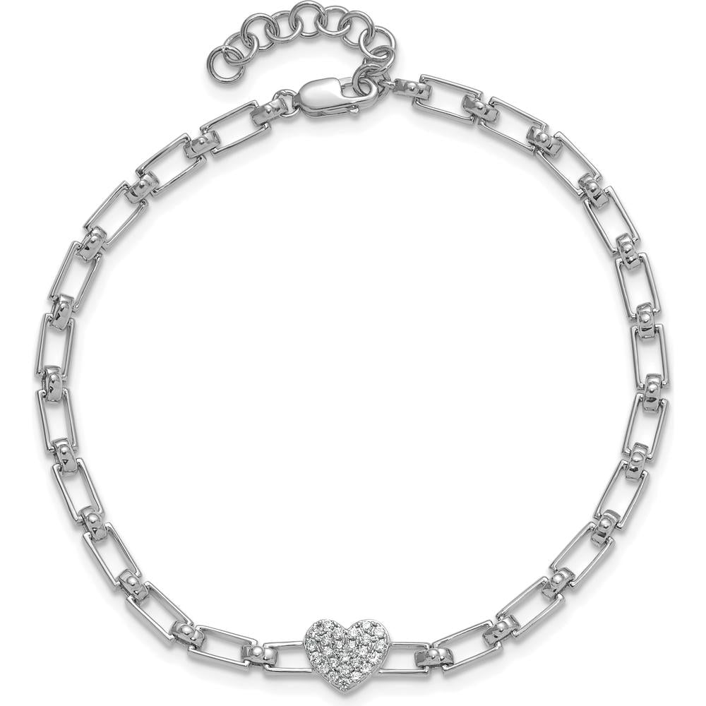 14K White Gold Polished Diamond Heart Cluster Fancy Link Bracelet with 0.15 Carats Diamond - 7" with Extender by Oro Pregiato