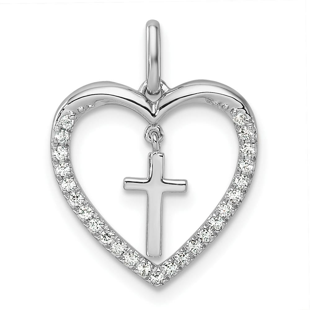14K White Gold Polished Diamond Heart Dangle Cross Pendant - 1/6 Carat Total Diamond Weight by Oro Pregiato