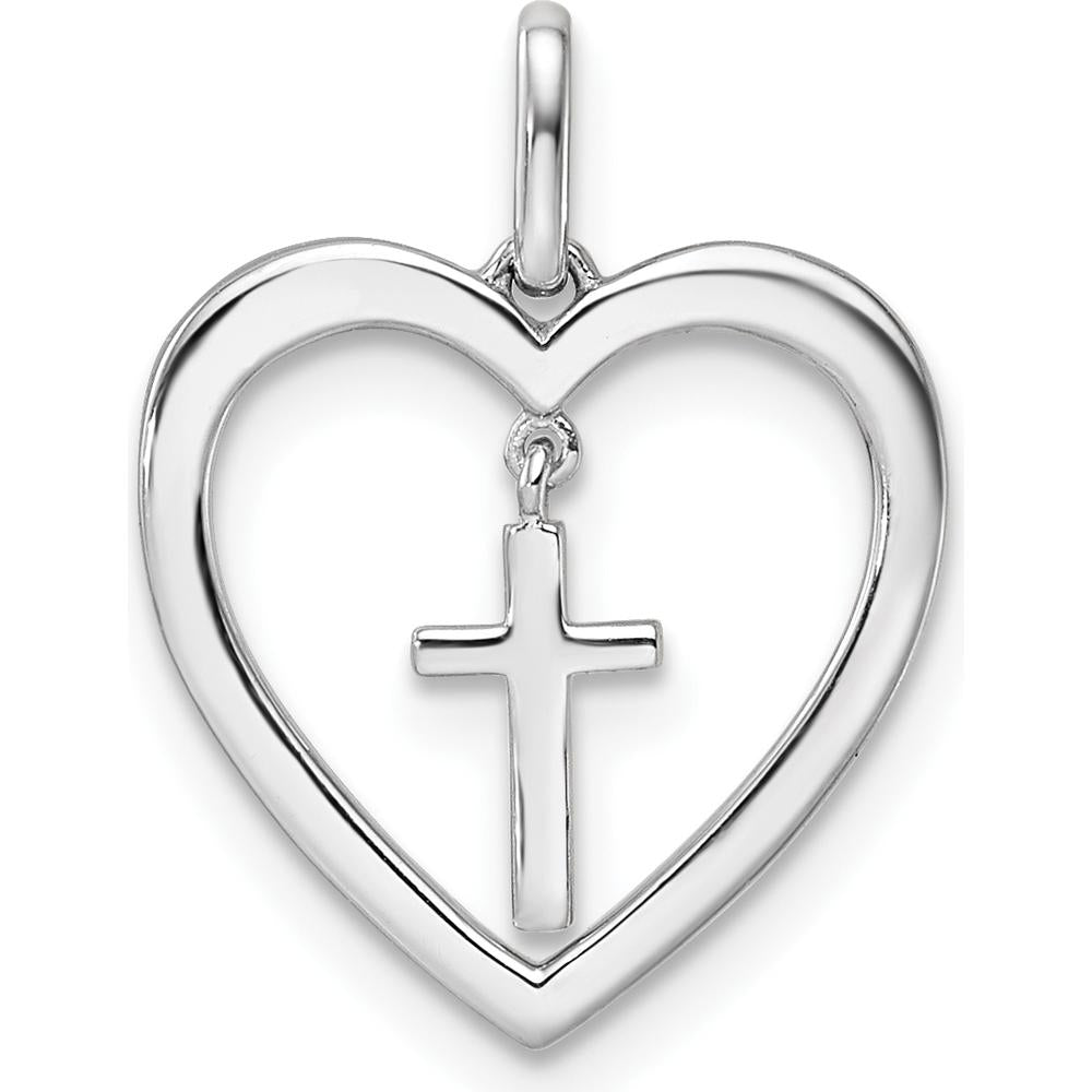 14K White Gold Polished Diamond Heart Dangle Cross Pendant - 1/6 Carat Total Diamond Weight by Oro Pregiato