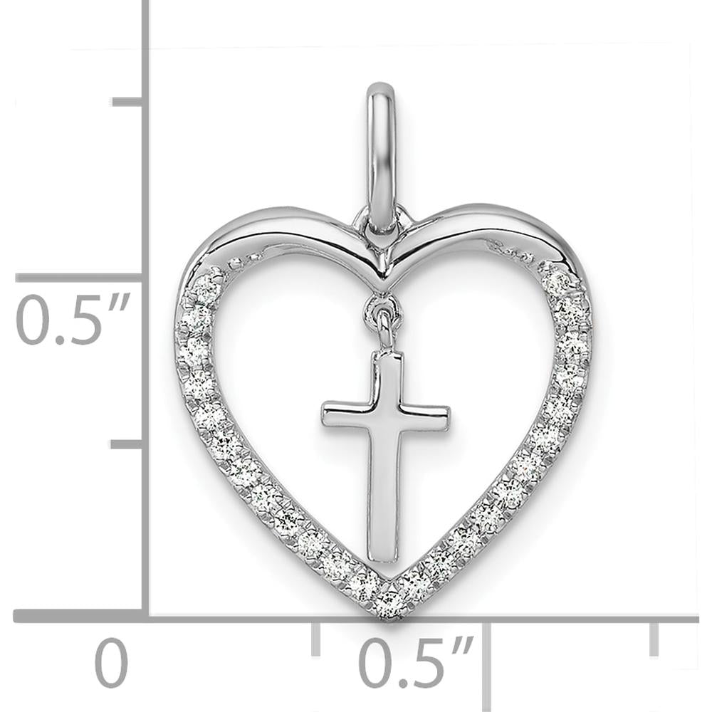 14K White Gold Polished Diamond Heart Dangle Cross Pendant - 1/6 Carat Total Diamond Weight by Oro Pregiato