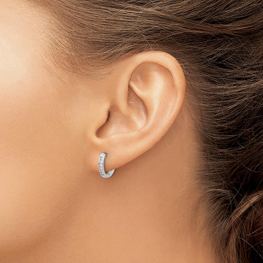 14K White Gold Polished Diamond Hinged Hoop Earrings with 12 Round Brilliant-Cut Diamonds - 0.12 Carat Total Diamond Weight by Monteluci Fine Jewelry