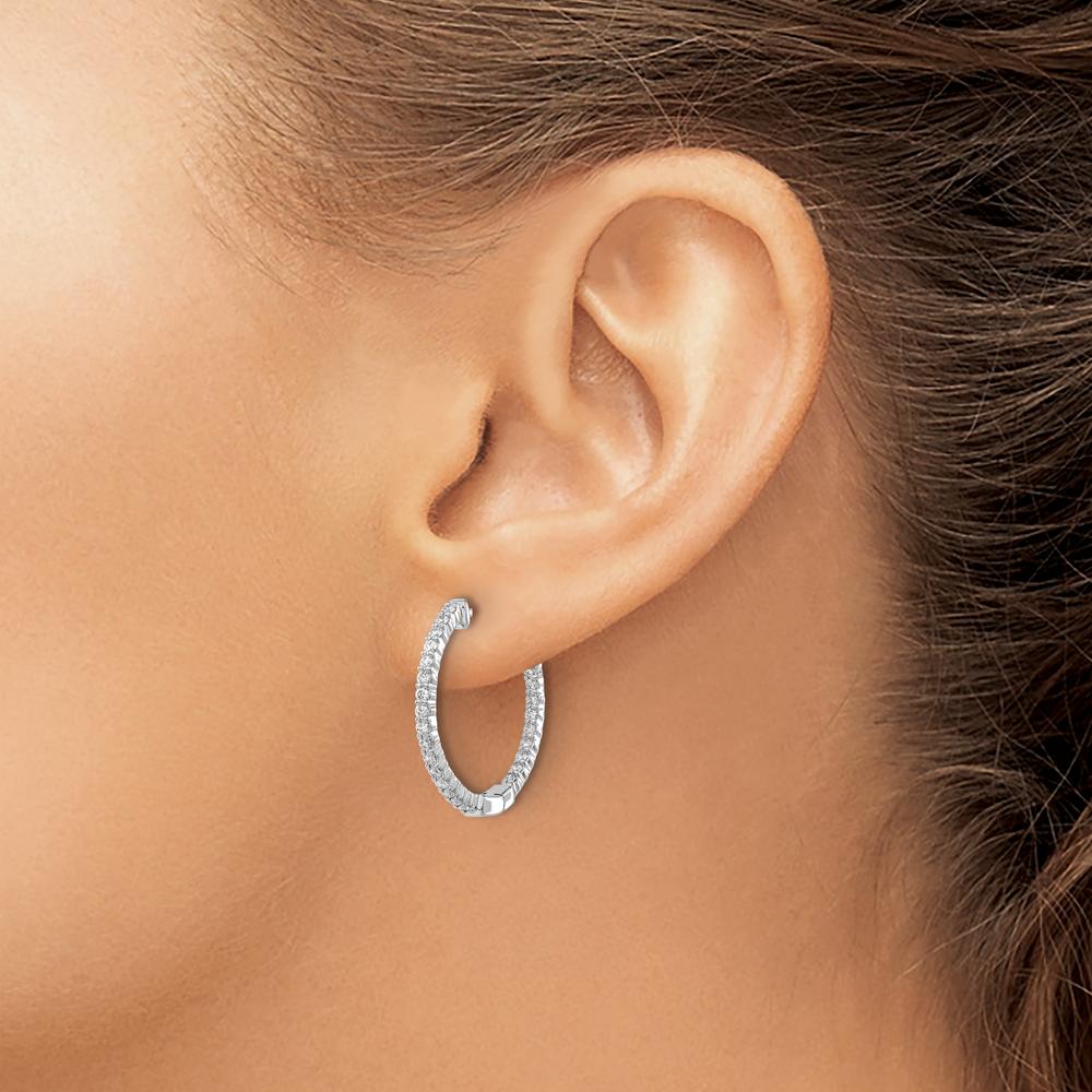 14K White Gold Polished Diamond In/Out Hinged Hoop Earrings - 0.022 Carat Total Diamond Weight by Monteluci Fine Jewelry