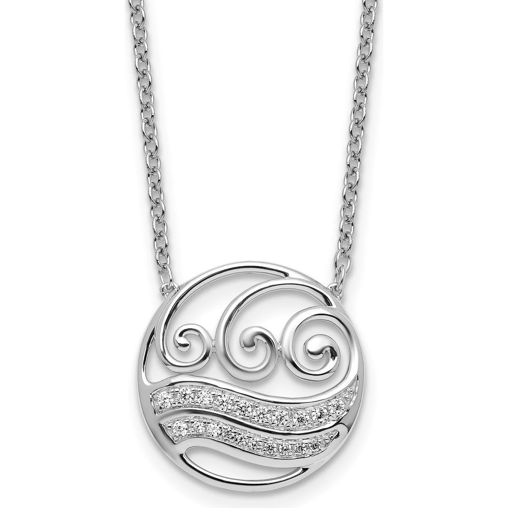 14K White Gold Polished Diamond Wave Pendant Necklace with 1/6 Carat of Round Diamonds by Oro Pregiato