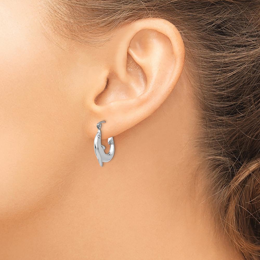 14K White Gold Polished Dolphin Hoop Earrings - Elegant and Playful Design by 0