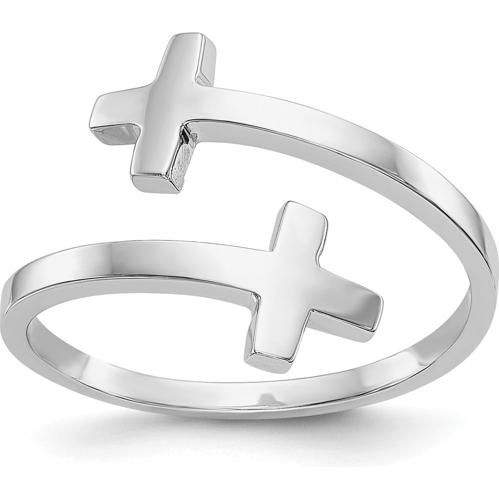 14K White Gold Polished Double Cross Fashion Ring with Rhodium Plating by Oro Pregiato