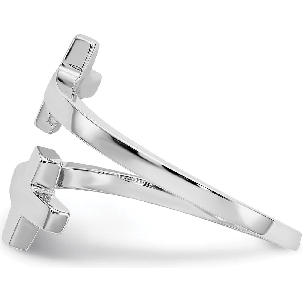 14K White Gold Polished Double Cross Fashion Ring with Rhodium Plating by Oro Pregiato