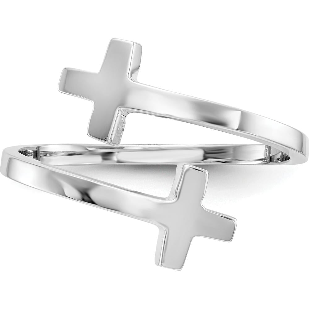 14K White Gold Polished Double Cross Fashion Ring with Rhodium Plating by Oro Pregiato