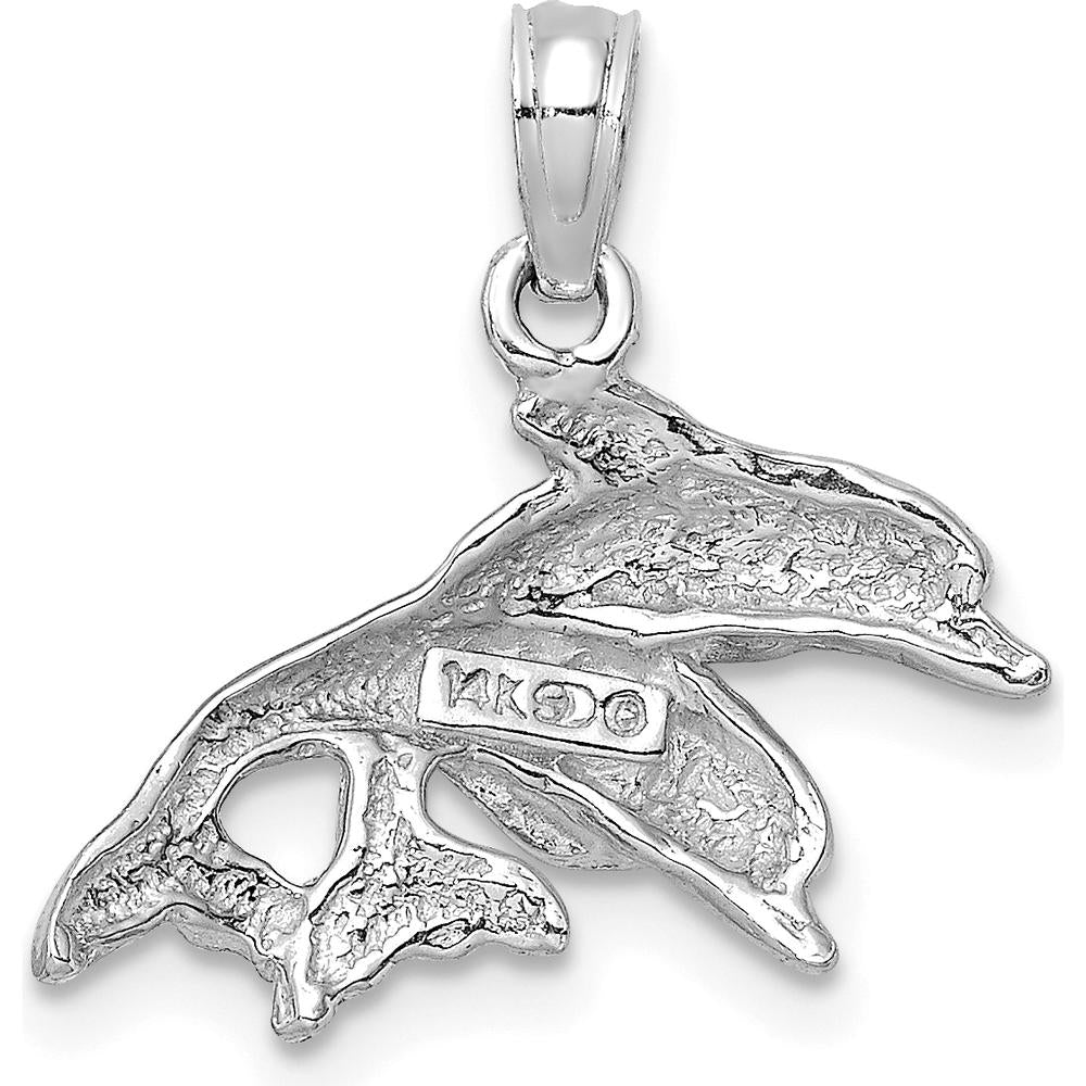 14K White Gold Polished Double Dolphin Pendant with Rhodium Finish by Oro Pregiato