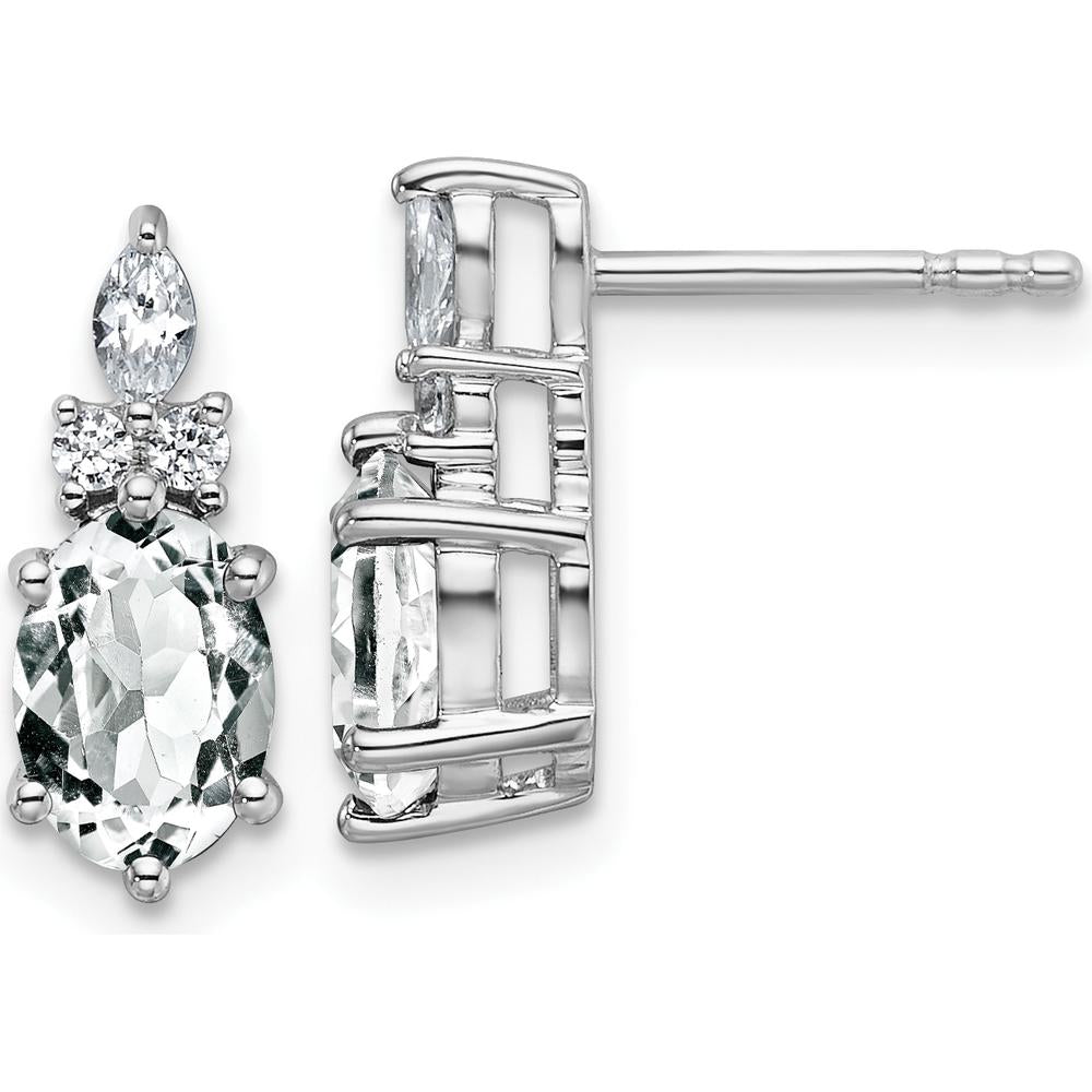 14K White Gold Polished Drop Earrings with Oval White Topaz and Marquise and Round White Diamonds - 0.188 Carat Total Diamond Weight by Oro Pregiato