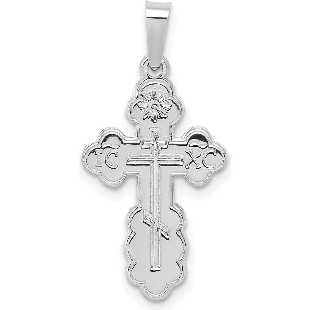 14K White Gold Polished Eastern Orthodox Solid Cross Pendant with Rhodium Plating by Oro Pregiato