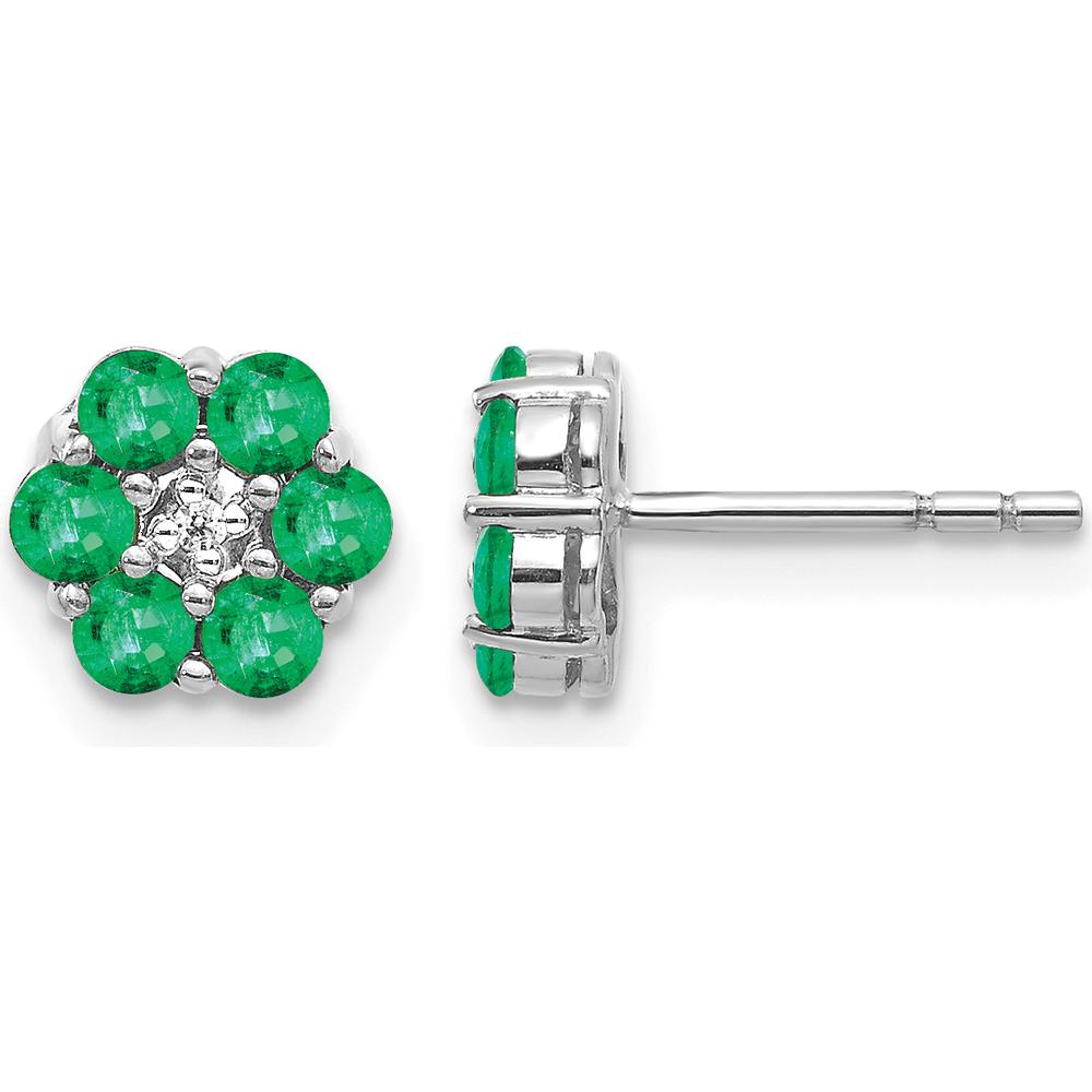 14K White Gold Polished Emerald and Diamond Post Earrings - 0.048 Carat Total Emerald Weight, 0.005 Carat Total Diamond Weight by Monteluci Fine Jewelry