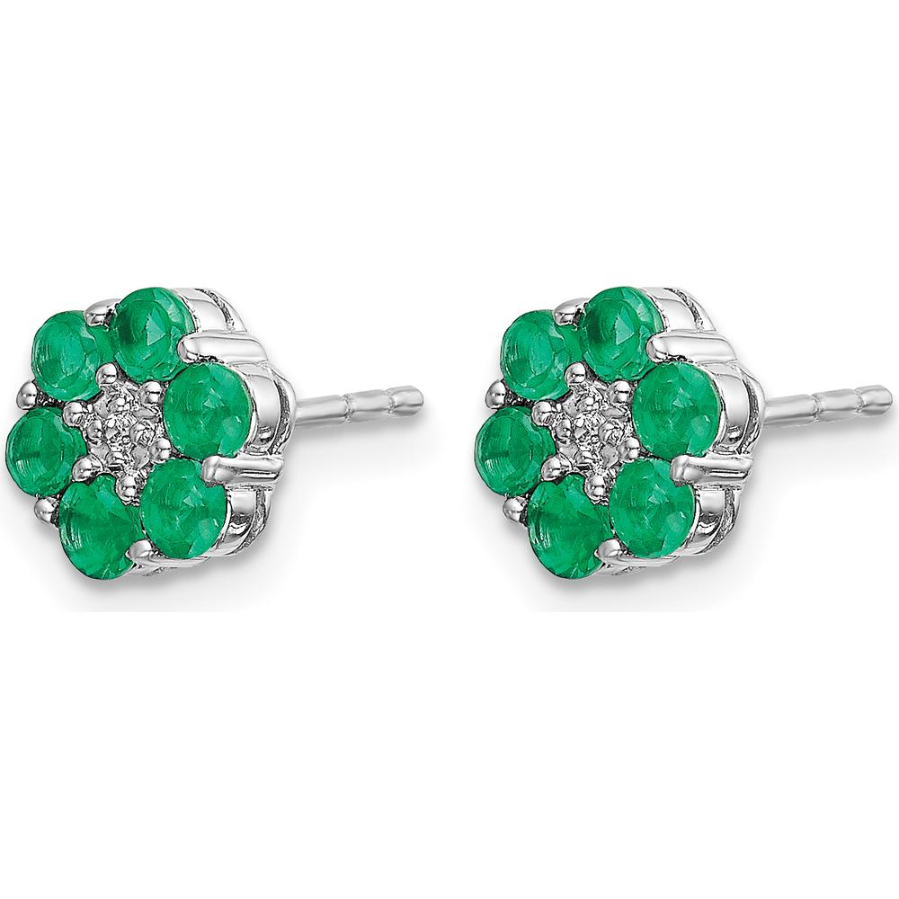 14K White Gold Polished Emerald and Diamond Post Earrings - 0.048 Carat Total Emerald Weight, 0.005 Carat Total Diamond Weight by Monteluci Fine Jewelry