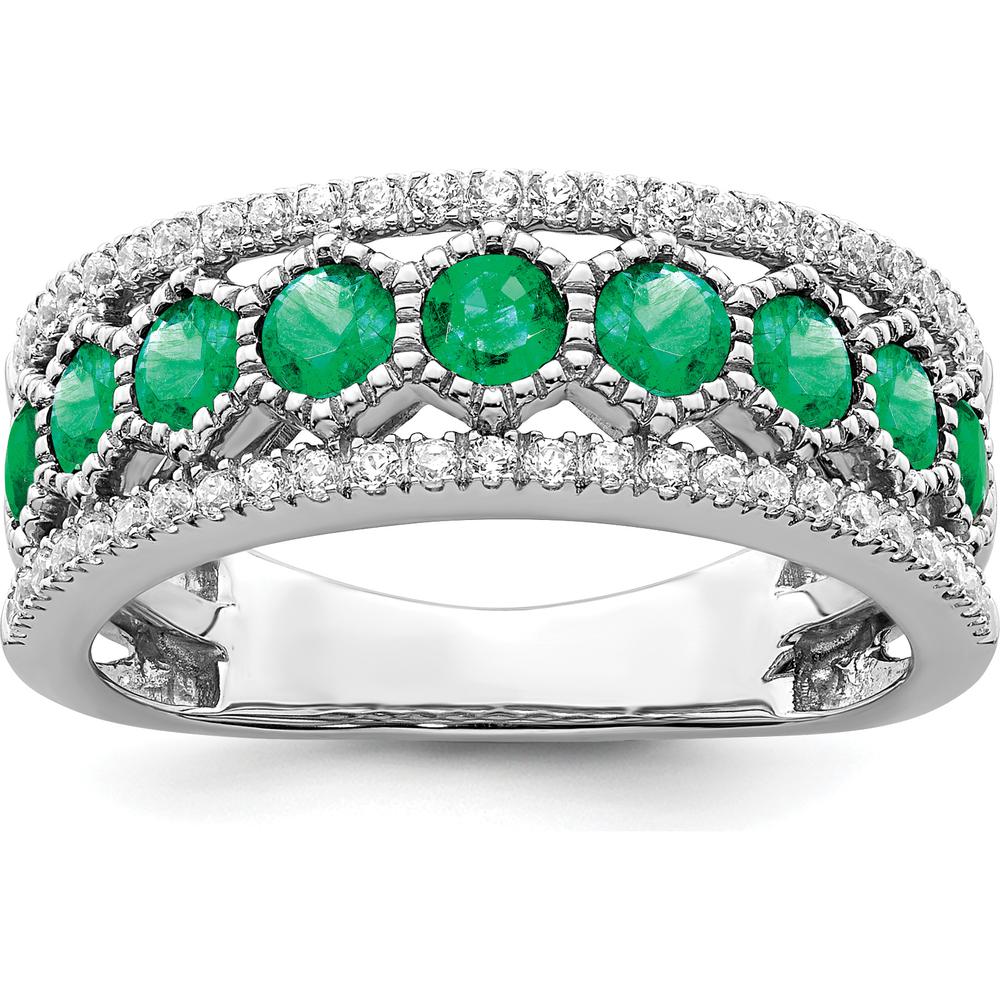 14K White Gold Polished Emerald and Diamond Ring with Round Natural Emeralds and Diamonds - 0.24 Carat Total Gem Weight by 0
