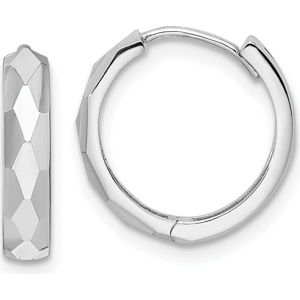 14K White Gold Polished Faceted 3x15mm Hinged Hoop Earrings by 0