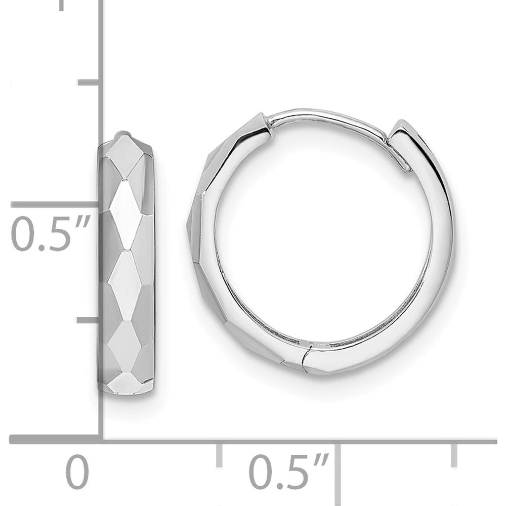 14K White Gold Polished Faceted 3x15mm Hinged Hoop Earrings by 0