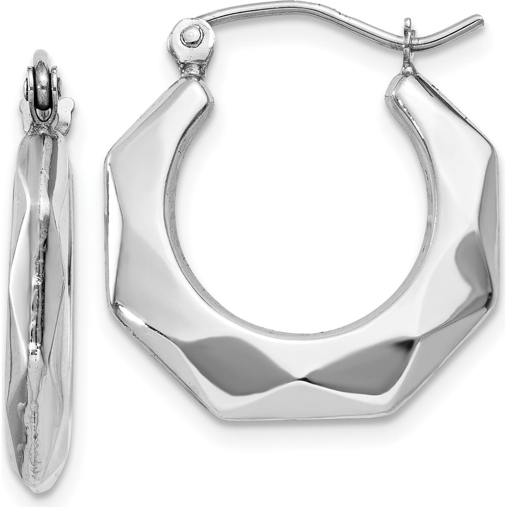 14K White Gold Polished Faceted Hoop Earrings - 11mm Length, 3mm Width by 0