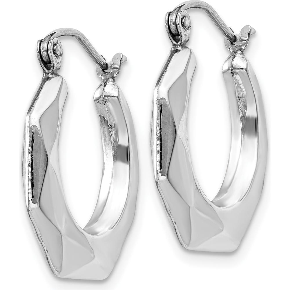 14K White Gold Polished Faceted Hoop Earrings - 11mm Length, 3mm Width by 0