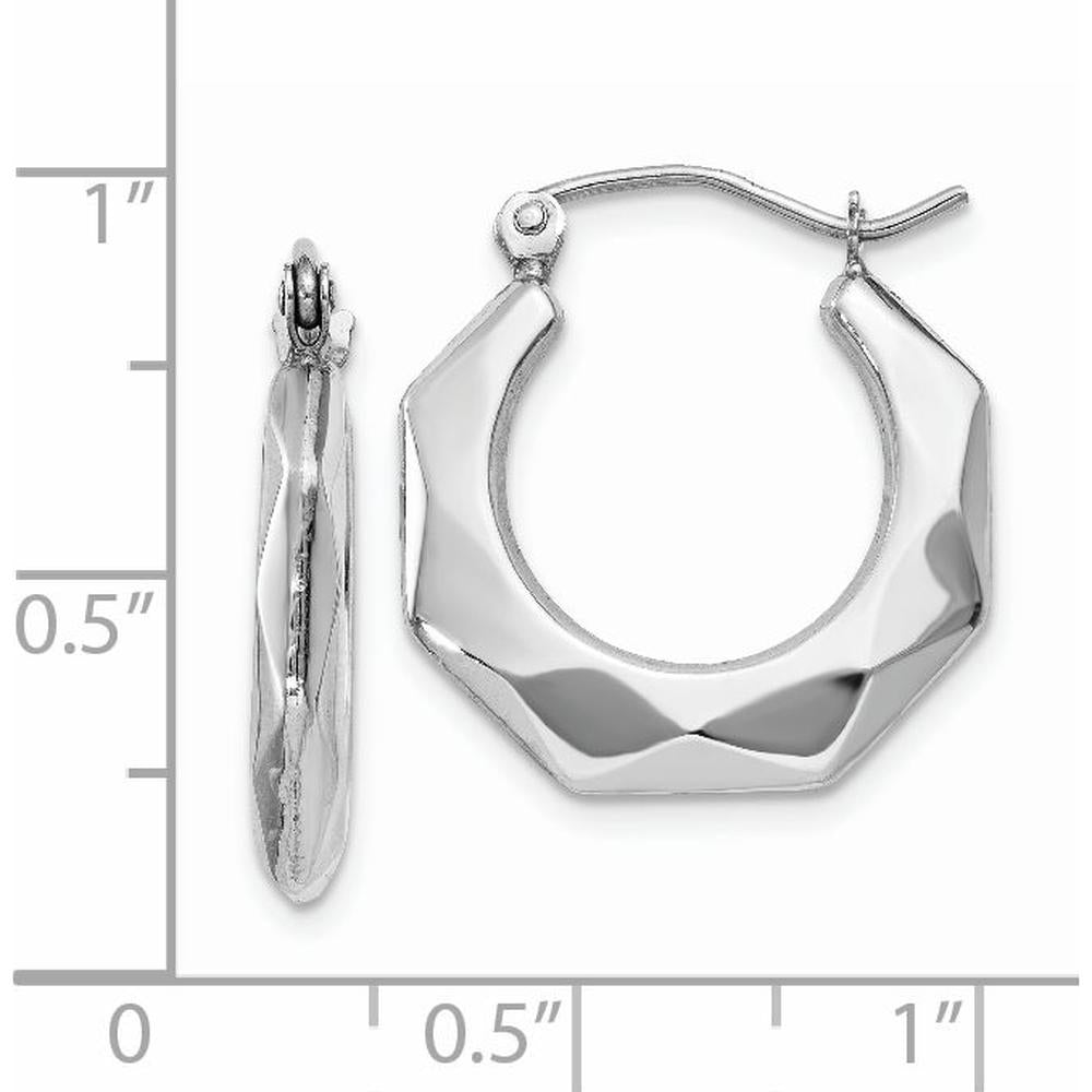 14K White Gold Polished Faceted Hoop Earrings - 11mm Length, 3mm Width by 0