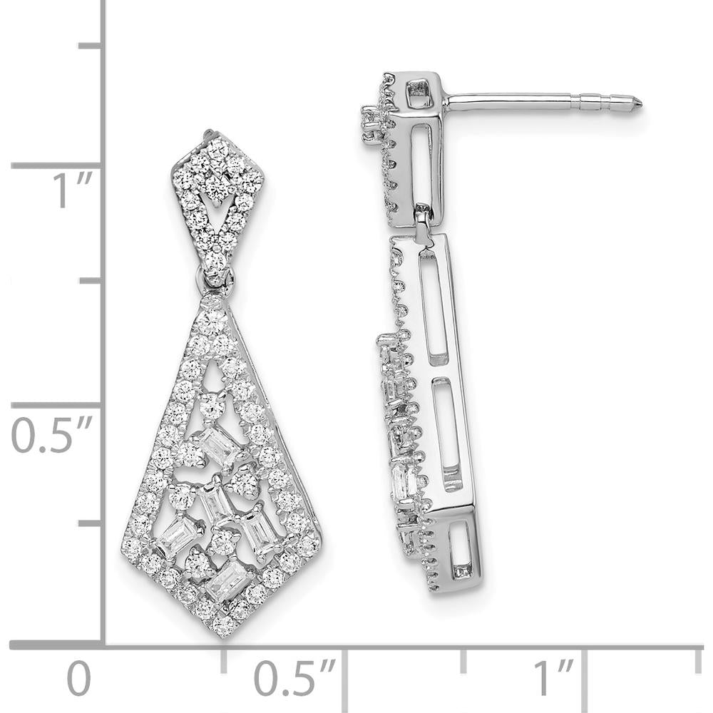 14K White Gold Polished Fancy Dangle Diamond Earrings with Round and Baguette Diamonds - 0.061 Carat Total Diamond Weight by Oro Pregiato